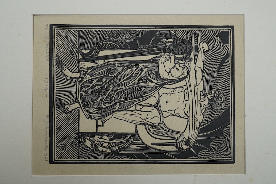 Two 20th century woodcuts / block prints, comprising Cynthia Thimbley Kent and Ralph W Emerson, each signed and dated 1925 and 1928, mounted, largest 15.5 x 11cm, unframed. Condition - one fair, one poor